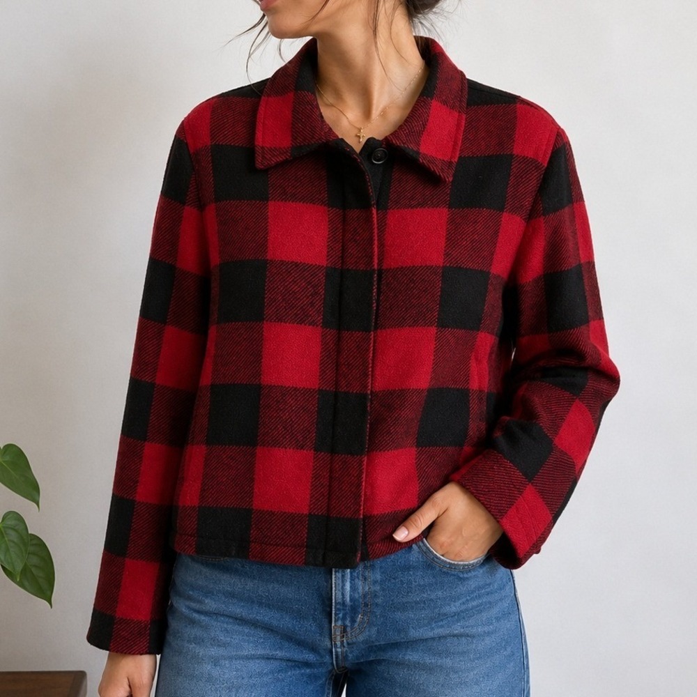 Vintage Talbots Petites Buffalo Plaid Wool Jacket Red Black Made Italy Size 8